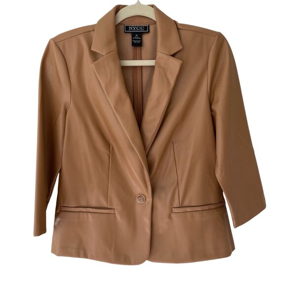 Tan Faux Leather Blazer Jacket 3/4 Sleeve Single Button NYCC Womens M - Picture 1 of 7